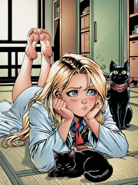 JasonFaboksXL,
1girl, long hair, blush, blue eyes, blonde hair, lying, food, necktie, barefoot, indoors, scarf, feet, toes, soles, animal, flying sweatdrops, cat, red necktie, on stomach, > <, head rest, lab coat, tatami, black cat, the pose, 
 <lora:AJasonFabok_style:1>
