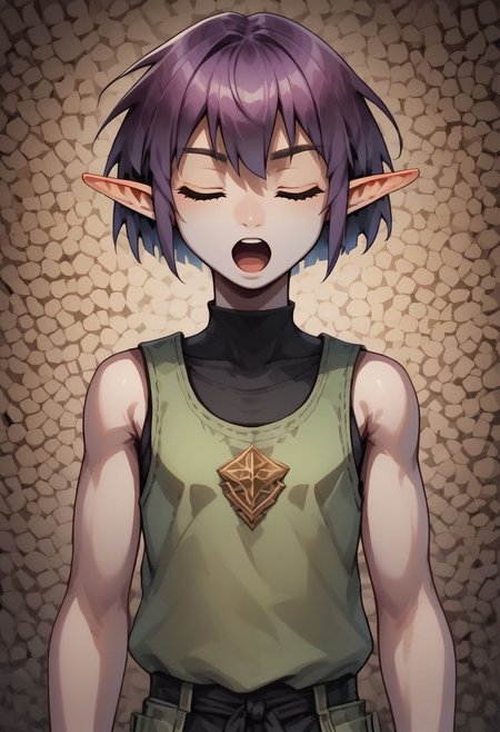 Lapanya, 1 person, solo, pointy ears, ((snout nose)), flat chest, small nostrils, short stature, skinny arms, ((closed eyes, singing, open mouth, skipping)), fair skin, ((dark lilac hair)), short hair, tomboy haircut, small nostrils, 3 fingers 1 thumb ((Sleeveless green vest, fitted black undershirt, black pantaloons, fully clothed)), dynamic view
((Organic cavern background)), fully clothed, 
clean lines, up close, upper body focus, highly detailed face, detailed background, high quality, best quality,  score: 9, score: 8 up, rating: safe