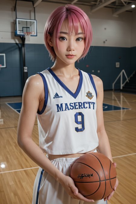 score_9, score_8_up, score_7_up, , asian girl ,gray eyes ,  1girl ,  intricate details,  ,  prefect lighting, very aesthetic, , intricate details , masterpiece, high quality, prefect hands, best quality,  masterpiece, high quality, prefect hands, best quality , small breast , blush  ,  solo  ,  ,gym , Basketball uniform , Basketball stadium , indoor ,  sleeveless, 
  , <lora:DetailedEyes_V3:1> <lora:tweak-detail-xl:1> 
,MizukiPN , 1girl , light black eyes,  gray eyes , pink hair , short hair , small breast ,   <lora:Suzushiro_Mizuki_Boku_Girl-000001:1>