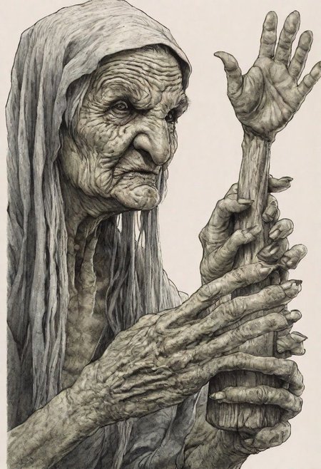 cartoon art, An old woman with long gray hair and a headscarf tied on her head is flying inside a large mortar with a broom in her hands, she has a long crocheted nose1 close up