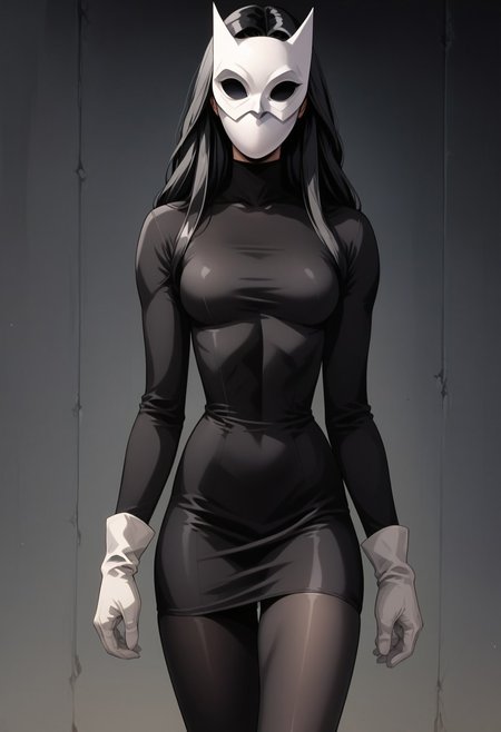 (fr0nt1nn0c3ntStyl3), (Style: Front Innocent), score, score_9, score_8_up, score_7_up, score_6_up, _5_up, score_4_up, source_anime, (masterpiece), high quality, 4k, Artist style: Bruce Timm, DCAU, DC comics, Western Comics, masked_woman, m4skedw0m4n, BREAK, 1woman, Calendar_Girl, (Page Monroe), long hair, black hair, skintight clothing, long-sleeved dress, black dress, black tights, petite, (white mask), (mask:1.6), (monochromatic outfit), gloves, (black eyes:1.5), (no eyes:1.4)