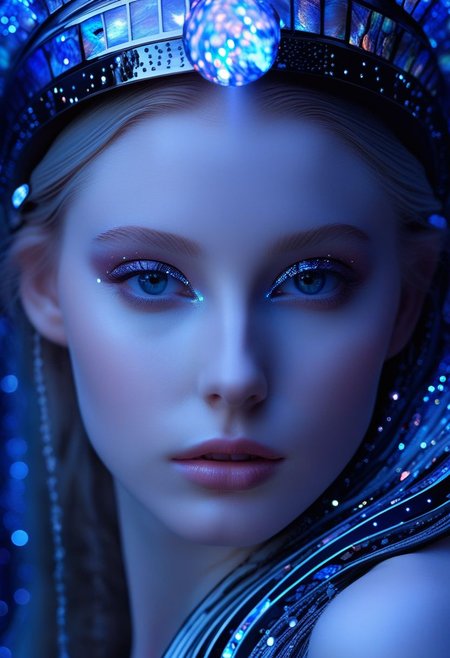highest esthetic score, photo of a exquisitely beautiful pale skin  european 1girl, 20yo, modern implementation of sci-fi  "botichhelli The Birth of Venus" fantastic epic masterpiece, starlight falls on beautiful young face. Depth of field, insane details:1.4,  ultra detailed, absurdres, 1:280f Zeiss lens, long aperture, abalone shell, fiery opal, platinum, obsidian