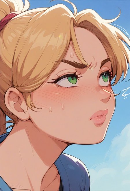 score_9, score_8_up, score_7_up, score_6_up, 1girl, 1boy, 2d, source_anime, anime, bluethebone style, looking up,  annoyed, blush, close-up, blonde girl, high ponytail, plump lips, pink lips, green eyes, beautiful face