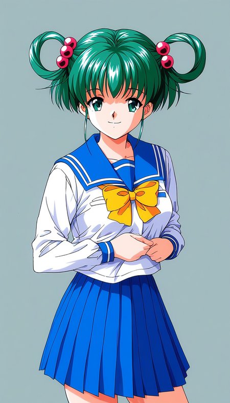 score_9, score_8_up, score_7_up, source_anime, rating_explicit, BREAK  <lora:Tatebayashi_Miharu_XL:1> TatebayashiMiharu, hair rings, hair ornament, hair bobbles, green hair, bangs, short hair, green eyes, medium breasts, 
solo, school uniform, skirt, long sleeves, pleated skirt, 1990s (style), blue skirt, serafuku, yellow bow, smile, 
looking at viewer, bow, sailor collar, standing, shirt, blue sailor collar
