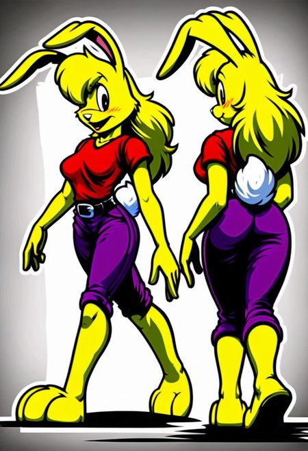score_9, score_8_up, score_7_up, score_6_up, score_5_up, score_4_up, retro artstyle, BREAK 
LoriJackRabbitPXL, rabbit girl,long yellow hair,yellow skin,1girl, solo,rabbit tail,yellow skin, animal ears, pants, black eyes, colored skin,rabbit ears,long yellow hair, belt, smile, shirt, black belt, open mouth, looking at viewer,rabbit girl,rabbit tail, full body, breasts, standing, furry female, blush, red shirt,purple pants, :d, indoors,barefoot,furry, midriff peek
<lora:lorijackrabbit-v1:0.9>