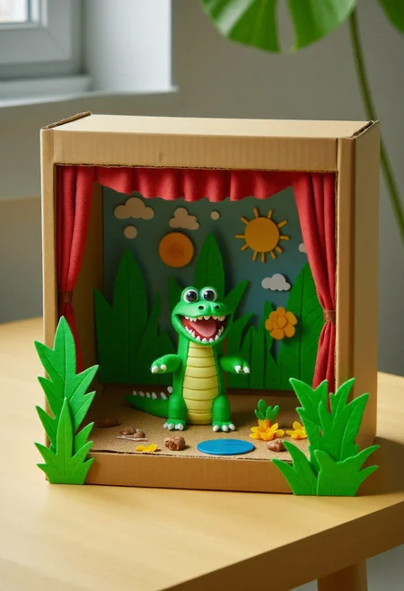 <lora:Finger_Puppet_Theater_FLUX-000013:0.9>
The image is a photograph of a whimsical, handcrafted diorama with a cardboard box set up as a stage,  featuring  a crocodile in a swamp