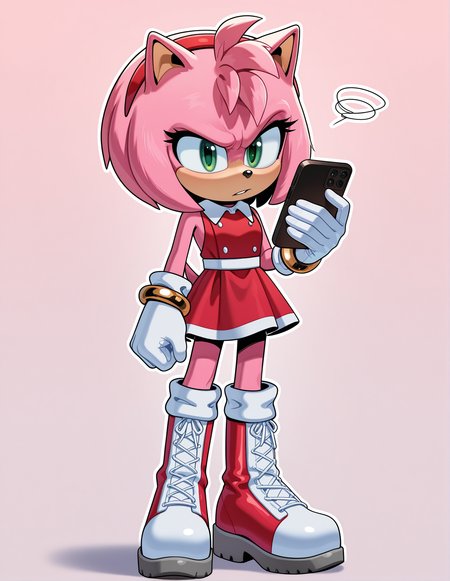 1girl, solo, full body, no humans, sonic \(series\), 
<lora:Movie-Amy:1> movieamy, pink fur, green eyes, animal nose, body fur, hedgehog tail, petite, short legs,
short hair, bob cut, red hairband,
red dress, sleeveless dress, backless outfit, white belt, collared dress, gold bracelet,
white socks, white gloves, standing, lace-up boots, red boots, white boots, two-tone boots, looking at viewer,
standing, looking at phone, slight scowl, furrowed brows, annoyed vibe, extremely detailed, highres, masterpiece, best quality