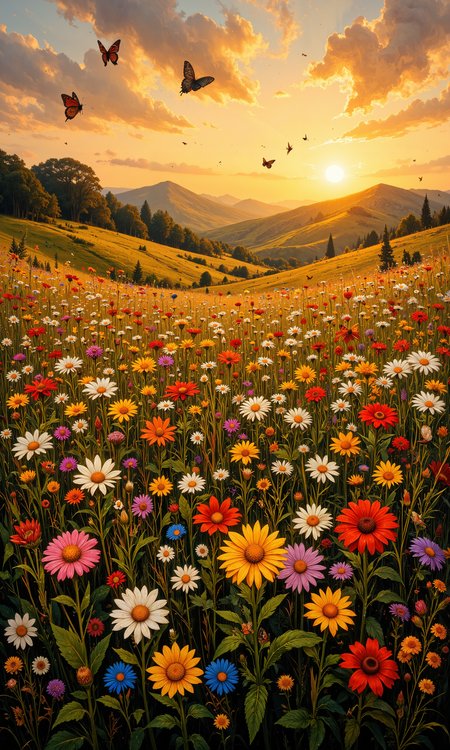 Expansive meadow, vibrant wildflowers in full bloom, diverse colors and species; golden hour lighting casting warm hues over the landscape; gentle breeze swaying the delicate petals; sporadic dew drops shimmering in the soft light; butterflies and bees flitting among flowers; rolling hills in the distance, silhouettes against a brilliant sunset sky; intricate foreground textures of grasses and herbs; tranquil, serene ambiance; elements of nature interacting harmoniously; magical realism quality; 8k resolution, breathtaking masterpiece composition. <lora:FluxMythAn1meL1nes:0.6> <lora:Memadukan_Brush_Strokes_of_Fineart:0.6> <lora:flux_dev:1>