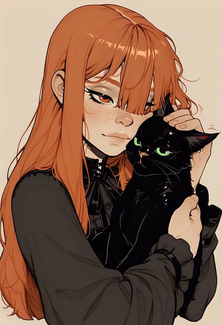 flat_colors,
dynamic pose,
1girl, 1animal,
long bangs, hair in front of eye,
freckles,
ginger hair, goth girl,
petting cat,
beautiful eyes,
black cat,
incoth, (incase:0.6), artist:moriimee,
beige background, <lora:ck-shadow-circuit-IL-000012:0.4999999999999996> <lora:ck-nc-cyberpunk-IL-000011:0.39999999999999986> <lora:MoriiMee_Gothic_Niji_Style_Illustrious_r1:0.6> <lora:incoth:0.2999999999999996>