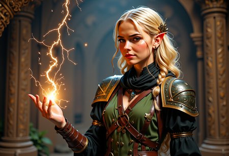 Full body view, Headshots, masterpiece, a beautiful woman, Hyperrealistic, she is smiling, dynamic angles, multiple angles, photoshoot poses; A photo of reai, a woman with blonde hair, she has massive breasts, a beautiful girl,  wearing earrings and a necklace. She is standing in a forboding evil wizards lair, she is wearing ornate green and metal armor, and leather boots. she is casting lightning, lightning is shooting from her fingertips. The scene is a forboding and dangerous, well-lit environment, with a dynamic pose and a sense of action. and the lighting is soft, creating a dramatic effect, and creating a focused and dynamic pose. The scene is set in a beautiful, well-lit environment, with a sense of action and adventure. Style: realistic hyper-detailed rendering, 32k UHD, expressive eyes, punk, graphic design, girl's face, pretty and cute, gleaming lips, telling a tale of adventure. Exuding confidence and serenity. The overall mood of the image is happy and relaxed, with detailed skin texture (blush:0.2),(goosebumps:0.3), subsurface scattering,  a playful and whimsical tone,perfect hand, hand, detailed hand,niji style,retro50s_style,

