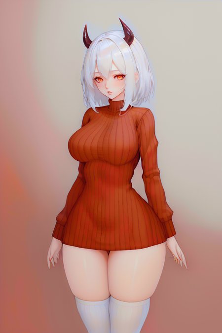 Modeus, wide hips, girl, beautiful, white hair, red sweat, thigh high socks, white socks, orange eyes, 4k, masterpiece, smooth light, best quality, intricate, detailed , illustration, wlop, artgerm <lora:Modeus:1>   <lora:Bjd2last:0.3>