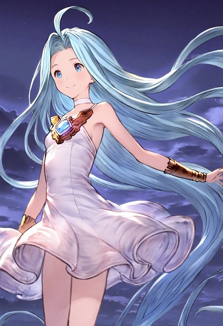 masterpiece, best quality, very aesthetic, absurdres, highly detailed, 
1girl, solo, smile,
lyria \(granblue fantasy\), very long hair, blue hair, ahoge, blue eyes, white choker, bare shoulders, skinny, small breasts, white dress,
dark sky, cloud, 
<lora:Lyria_Granblue_Fantasy_Illustrious-XL:1>