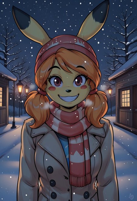 score_9, score_8_up, score_7_up, score_6_up, score_5_up, score_4_up, outdoors, snow, winter, coat, breasts, happy, night, cabin, street, chuDuckdraw, pikachu, orange hair, pigtails, futa, yellow fur, brown eyes, blush stickers, furry, looking at viewer, smile, beanie, scarf, visible breath, close up, streetlight