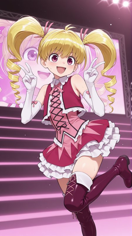 masterpiece, best quality, amazing quality, 1girl, solo,  <lora:IlluBiscuit:1> illubiscuit, purple eyes, blonde hair, drill hair, twintails, idol clothes, smile, open mouth, double v, standing on one leg, thigh boots, miniskirt, vest, bare shoulders, elbow gloves, stage,