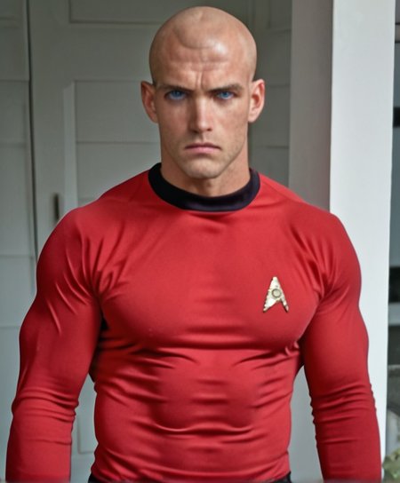 1boy, 20 year old male, Handsome, masculine, blonde, star trek, red shirt, muscle,  tall, tight shirt, wide pectorals, big shoulders, wide shoulders, muscular neck, German, bald, big pale blue eyes, abs, biceps, scowling facial expression, phaser, hand,

stunf, star trek uniform,