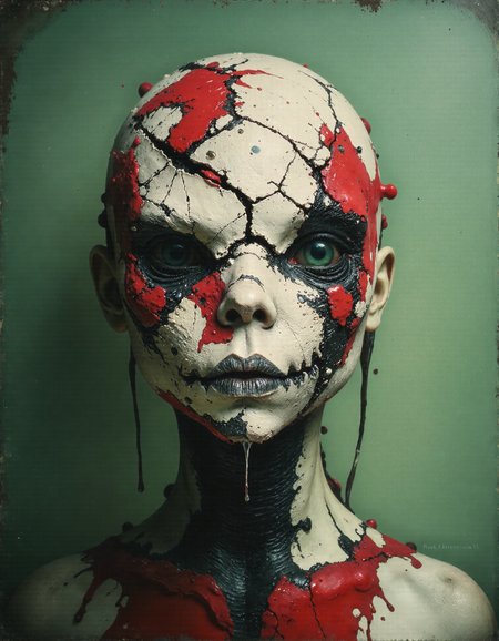 An oil painting in green, red, black, and white colors, depicting a waist-up portrait of a creature with a strange, flat mask that has no visible face. The mask is cracked and weathered, with black liquid oozing through the fissures, adding a sinister and unsettling effect. The creature's form is partially obscured by the abstract and textured mask, which contrasts sharply with the background colors. The painting captures the eerie and mysterious nature of the creature, with the cracked mask and flowing black liquid enhancing its dark, enigmatic presence. <lora:- Flux1 - soothing_atmo_V2.0:0.9>, In the corner there is a small inscription "fuck hue", like the authorâs signature.
