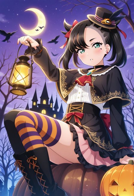 masterpiece, best quality, 1girl, solo, eyelashes, (beautiful eyes),   
zzMarnie, aqua eyes, black choker, red ribbon, BREAK, (sitting), floating, goth, ascot, asymmetrical legwear, back bow, bare tree, black footwear, black thighhighs, boots, bow, capelet, castle, crescent moon, crow, earrings, feathers, halloween, hat, heart, heart tattoo, holding, holding lantern, jack-o'-lantern, jewelry, knee boots, lantern, long sleeves, looking at viewer, love live! sunshine!!, mini hat, mini top hat, mismatched legwear, moon, night, one side up, parted lips, striped clothes, striped thighhighs, thighhighs, top hat, tree, zettai ryouiki,
