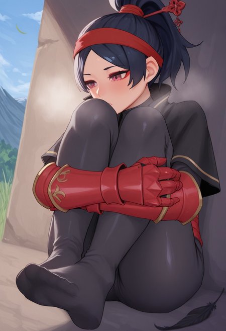 amog,  outdoors, undershirt, falling feathers, black bodysuit, hair stick, hugging own legs, , gauntlets,   eyeshadow,   red gloves,  high ponytail,  , black capelet, red hairband, pink eyes, 1girl, solo, feet, visible breath,   dynamic angle, foreshortening, smell, steam,