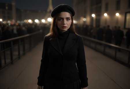1girl, Focus Pito from slightly above she is wearing a black scarf, black wool French beret, black and white cable knit sweater, solid black pleated pants, holding a long cinerite un lit and stands in front of the Eiffel tower 35mm photograph, film, bokeh, professional, 4k, highly detailed,