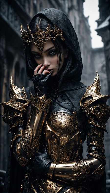 Gothic art, dark tones, intricate details, dramatic lighting, high contrast, medieval influence, ornate, mysterious, detailed armor, cyberpunk elements, cityscape, atmospheric, moody, haunting beauty, sharp shadows, textured
(dynamic pose:1.4), Hands covering face, depth of field,  gold embedded