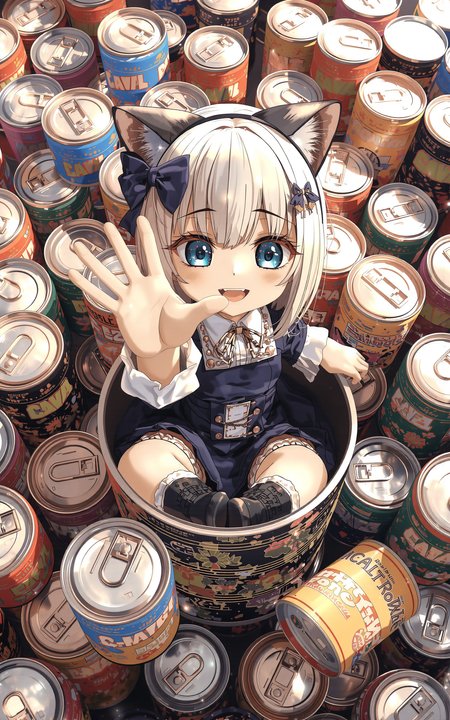 Animation style, A cute anime-style catgirl sitting inside a tin can, viewed from a top-down angle. She is making an adorable and playful pose towards the camera, her fluffy cat ears and cheerful expression creating a charming appeal. The background is filled with numerous colorful tin cans, creating a vibrant and whimsical scene. Ultra-detailed, photorealistic rendering, intricate textures on the cans and her outfit, vibrant lighting enhances the playful atmosphere. <lora:aidmaMJ6.1v0.4:0.8> aidmaMJ6.1