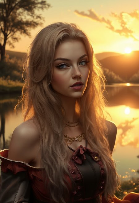 ahighly detailed, 4k, high-resolution photography featuring pretty little gitl  the background features the countryside, with the sun setting in the distance, casting a warm, golden glow over the scene, the water is calm and reflects the warm colors of the sky, enhancing the serene atmosphere, the overall mood of the photograph is one of quiet introspection and introspection, with a focus on the woman's well-defined facial features
