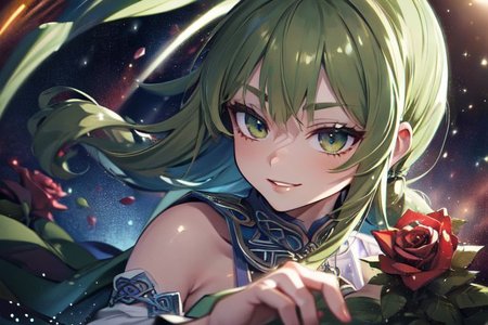 (masterpiece:1.4), 4K8K, (anime style), (high shutterspeed:1.4), (sharp edges), 
SyFyEye1, FanFo, 
1woman  hands togather,  leaning foward, face focus, smile, closed mouth, 
wearing Celtic style dress, (Detailed face, Detailed eyes, Detailed lips), (solo), 
olive hair, any colored roses, Fantastic, turf,