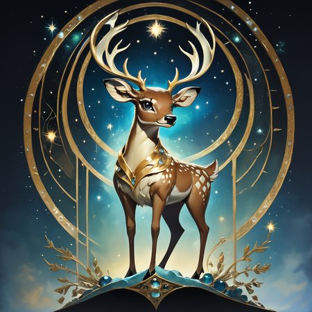core_9, score_8_up, score_7_up,  <lora:Art_DecoPony:1>, ArsMJStyle, Art Deco, The image shows a painting of a deer with antlers standing in front of a gold and blue background. The deer is depicted in a majestic pose with its head held high and its antlers reaching up towards the sky. The background is a deep blue with a few stars twinkling in the night sky., no humans, pokemon (creature), solo, full body, looking at viewer, closed mouth, brown eyes