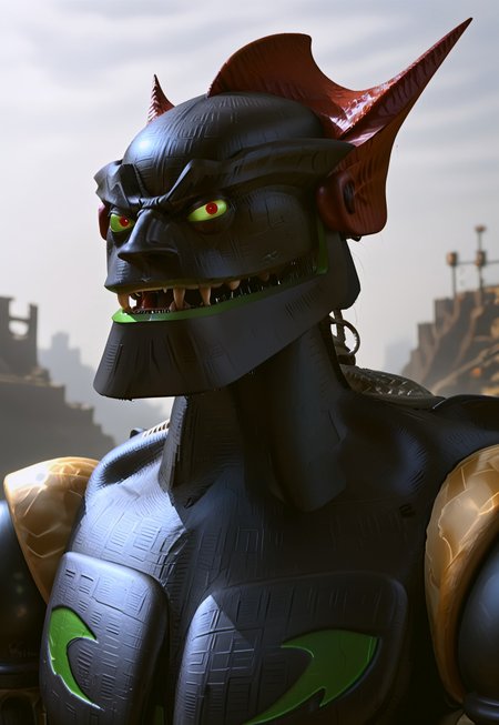 score_9, score_8_up, score_7_up, BREAK m3g4byt3, humanoid robot, 1boy, solo,  standing,  angry, weapon, claws, fangs, upper body, looking at viewer, three quarter view, science fiction,
