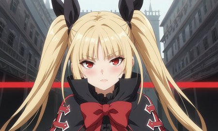 score_9, score_8_up, score_7_up, score_6_up, score_5_up, score_4_up, source_anime, anime screencap, masterpiece, insanely detailed, detailed background, zPDXL3, BREAK, RachelAlucardBB,1girl,solo,long hair,blonde hair,red eyes,red bow,ribbon,twintails,black hair ribbon,small breasts,frills,red bow,ghotic fashion,black capelet ,red cross pattern,black dress