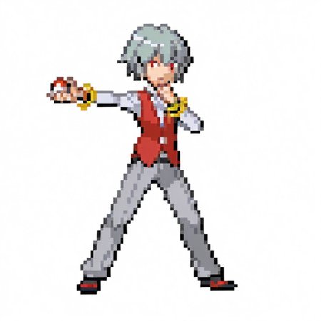 1boy, 
grey hair, red eyes, short hair, hand on chin, red vest, white shirt, wristbands, 
outstretched arm, holding poke ball, legs apart