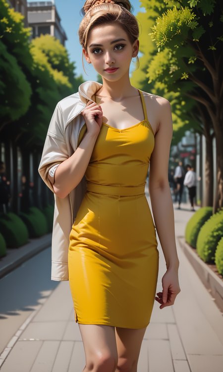 score_9, score_8_up, score_7_up, score_6_up, score_5_up, score_4_up,   slim girl in park ,  jakosho,    white jacket over shoulder,  short yellow dress,   <lora:JacketOverShoulderPony:1>