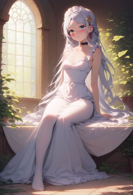 score_9, score_8_up, score_8, absurdres, masterpiece, best quality, highest quality, ultra-detailed, intricate detail, beautiful face, detailed face, detailed eyes,
BREAK,
1 girl, small, cute, petite, short, blush, innocent face, blue eyes, small breasts, silver hair, long hair, lush hair, thick long braid, hair ornament, long hair, fair skin, round butt, frieren,
BREAK,
black and white maid uniform, elegant maid dress, long dress, white pantyhose, full body shot, in a bedroom, choker, collarbone, submissive, messy hair,