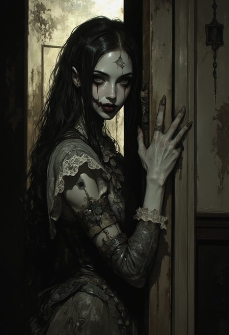 Create an intricately detailed, hyper-realistic head-and-shoulders portrait of an aging, cracked Victorian-era porcelain and paper-mâché doll. She is small in stature, no bigger than a small child and peers around the edge of a dark wooden doorway, her delicate porcelain fingers barely visible as they grip the frame. A deep, jagged crack splits her forehead, and her glossy black void-like eyes lock onto the viewer with a sinister, knowing grin. A cold, unnatural glow from behind silhouettes her figure, casting an eerie halo around her wild, dust-matted curls. Her once-elegant Victorian gown, adorned with tattered lace and intricate embroidery, clings to her fragile frame, the frayed edges barely catching the dim light. The peeling wallpaper behind her reveals darkened wood panels, their surfaces warped with time. Wisps of dust swirl in the air, illuminated by the unsettling backlight, as faint whispers seem to emanate from the shadowed hallway beyond. The air is thick with haunting elegance, a perfect balance of beauty and creeping dread as she lingers in the doorway, watching… waiting.