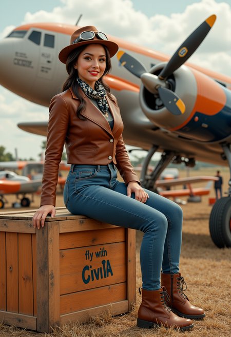 She is approximately 18 years old.she is standing, a vintage aircraft is in the background.  Hyperrealism, she is looking at the camera, (dynamic angles), headshots of a beautiful, stunning unique female character.  she has dark hair. her eyes are filled with joy and excitement, extravagant eyelashes, a photo of AGDV2_nokrea, a woman with brown eyes, wearing a brown leather jacket and a brown hat with goggles and denim blue jeans and brown boots. is posing on a large wooden crate. She is posing for the camera, while sitting on a large crate.  On the crate is written "fly with CivitAI".  She is wearing a scarf and has a braid. The photo is in a sepia tone, giving it a vintage feel. The background is blurry, focusing on AGDV2_nokrea as the main subject. She has a slight smile on her face and is looking directly at the camera. making this image a masterpiece of photography and digital art. realistic. making this image a masterpiece of photography and digital art. Style: realistic hyper-detailed rendering, 32k UHD, expressive eyes, punk, graphic design, girl's face, pretty and cute, gleaming lips, telling a tale of adventure. Exuding confidence and serenity. The overall mood of the image is happy and relaxed,detailed skin texture,(blush:0.2),(goosebumps:0.3),subsurface scattering,whimsical,Detailed hand, Perfect hand. Perfection style. The scene is set outdoors, with a vintage plane visible in the background. The photo is taken in a close-up shot, focusing on  AGDV2_nokrea legs and feet.