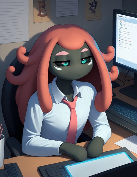 score_9, score_8_up, score_7_up, Tapu Lele, pokemon \(creature\), nature, (solo), 1girl, anthro, girly, femboy, aqua eyes, multicolored eyes, black skin,  office, computer, looking at monitor, white shirt, necktie, bored, black sclera, eyelashes, <lora:cefaa866-a58e-40ba-a219-79ab392f7d60:0.9>, <lora:b1499d8a-fcd6-4ecb-a126-16d2070f689f:0.8>