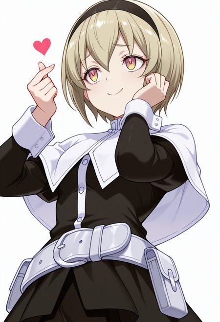 Smooth Quality,masterpiece,very intricate, high quality details, ultra realistic, high detailed skin,detailed enviorement,absurdres,
finger heart,
 <lora:Pekora_CNR:0.8>
pekora_cnr, 1girl, blonde hair, short hair, bangs, yellow eyes, multicolored eyes, shiny hair black hairband,
pekora_def_cnr, black dress, white capelet, black skirt,white belt, long sleeves, shoes, pouch,, simple background, white background, from below,solo,, furrowed brow,