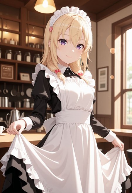 masterpiece,best quality,absurdres,highres,very aesthetic,high quality,detailed,insanely detailed,beautiful,perfect lighting, ,depth of field,blurry background,bokeh, looking at viewer, 
<lora:Reo Wakasa illu:1> 1girl, blonde hair, purple eyes, hair ornament, hairband, long hair, hair bobbles, 
indoors,cafe,(maid:1.4),maid headdress,apron,(skirt hold:1.2),standing,cowboy shot,smile,