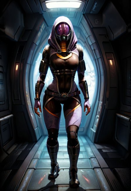 Tali Zorah, 1girl, solo, from below, walking towards viewer, wide hips, round ass, thick thighs, full body view, sci-fi spaceship interior background (cinematic color grading lighting vintage realistic film grain scratches celluloid analog cool shadows warm highlights soft focus actor directed cinematography technicolor :1.3)