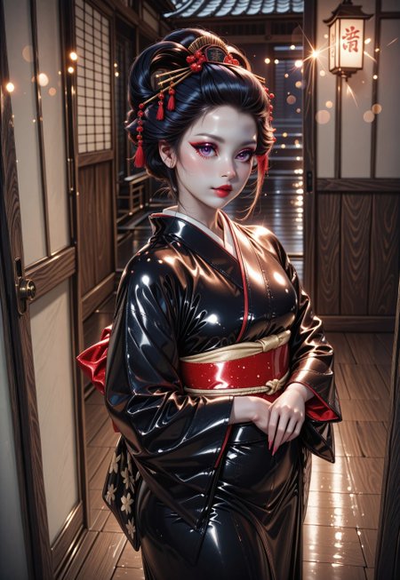 bokeh, realistic, (leather:1.2), beautiful Asian woman, wearing leather intricate kimono, leather kimono, leather geisha, geisha hairstyle, geisha makeup, full length leather kimono, (white skin:1.2), long fingernails,
Japanese house, wooden floor,
sharp focus, (glossy leather clothing, glittering leather fabric), cowboy shot,
photograph, raw photo, hd, 8k, masterpiece, best quality, 90-60-90