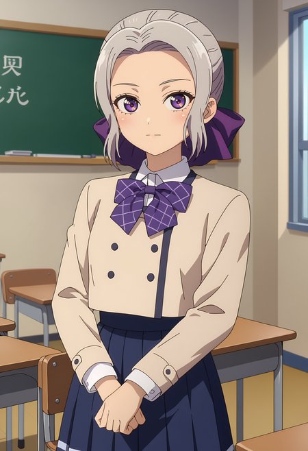 score_7_up, anime screencap, anime coloring,
<lora:KanojoMoKanojo_KiryuuShinoXL:0.9>,
1girl, solo, closed mouth,
short hair, grey hair, parted bangs, purple eyes, hair bow, purple bow,
ShinoSchool, blazer, brown jacket, purple bowtie, buttons, long sleeves, pleated skirt, blue skirt, black pantyhose,
v arms, thigh gap, looking at viewer, cowboy shot,
blurry background, indoors, classroom