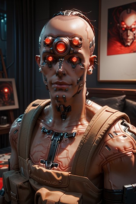 score_9, score_8_up, score_7_up, score_6_up
 <lora:CyberDumDum:0.8>
CyberDumDum, 1boy, cyborg, red eyes, extra eyes, cyberpunk, looking at viewer, at a contemporary art gallery, wearing a stylish suit, thoughtfully observing a painting, minimalist surroundings, cultured and sophisticated atmosphere
