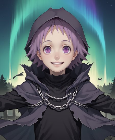 (score_9, score_8_up), score_7_up, score_6_up, best quality, standing, portrait, close up, 
<lora:ebisu:0.8>, solo, 1girl, lovely, cute, 
3bisu, purple hair, short hair, purple eyes, ringed eyes, happy, excited, turtleneck
slim:1.2, slender, petite:1.3, short, skinny, androgynous, 
 <lora:Curse_Maker_Etrian:1>,
pale skin, short hair, cloak:1.3, torn clothes, hood, (hood up:1.3),  chain, shackles, bandages, black bandages, chain around neck, 
nighttime, strong wind, spread arms, aurora borealis,