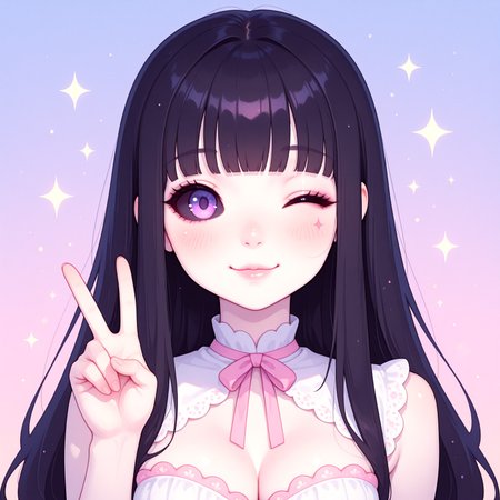 masterpiece, best quality, ultra-detailed, photorealistic, intricate details, solo, 1girl, young woman,
wink, peace sign, cute smile, facing viewer, looking at viewer, upper body,

long black straight hair, blunt bangs,
pale skin, flushed cheeks, soft blush on cheeks, sensual lips, moist lips,
glowing purple eyes, alluring eyes, dark eyeliner, subtle dark sclera, narrow eyes,
slim face, delicate nose, small nose,
ample cleavage, voluptuous breasts, smooth skin, porcelain skin, beauty marks,

cute pastel outfit, lightweight fabric, playful design, delicate lace, soft pleats,
simple pastel background, dreamy pastel tones, soft lighting, subtle gradient,
kawaii aesthetics, japanese idol aesthetic, sweet expression, charming pose,

ng_deepnegative_v1_75t, Luna Corvus, k4w4iim1r41