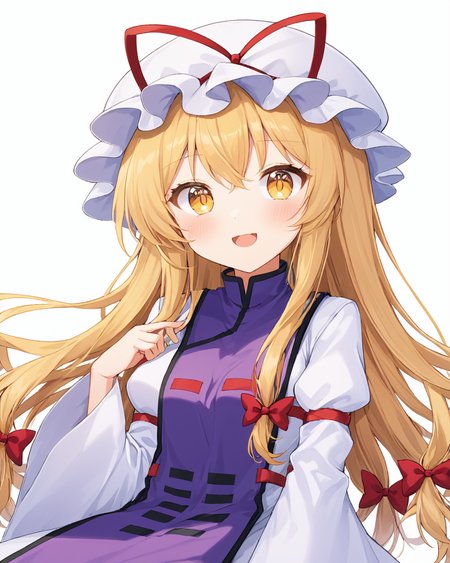 yakumo yukari,1girl, solo, gap_\(touhou\), open_mouth, mob_cap, white_background, simple_background, red_ribbon, white_headwear, looking_at_viewer, dress, red_bow, wide_sleeves, long_sleeves, tabard, hair_bow, hat_ribbon, teeth, upper_body, hands_up, blush, :d
<lora:yakumo_yukari_image6089_2023-12-20-000007:1>,star-shaped_pupils,symbol-shaped_pupils,. gorgeous,key visual, vibrant, studio anime,award-winning, professional, highly detailed,high budget, cinemascope
