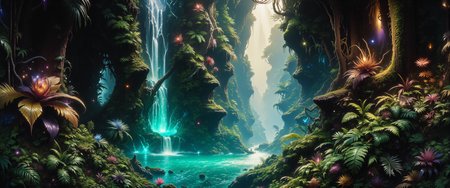 highly detailed mystical realism oil painting in the style of johan christian dahl and maurice sapiro, ancient, dark jungle brimming with life, an enchanted forest hidden deep in mystery, in the foreground, large, otherworldly plants with vibrant, exotic leaves and gorgeous outlandish flowers edge a glowing azure pool, lush layers of vegetation framing the waterfallâs base, dark shadows fill the corners, the center scene features a narrow, bioluminescent waterfall cascading down a rugged, multi-tiered cliff, its gentle glow casting a faint blue-green light, thick, emerald moss covers the cliff, hinting at untold ages, in the background, the dense foliage extends into the shadows, punctuated by faint glows from hidden recesses, suggesting unseen life, a medium-wide shot with slight overhead perspective, capturing the waterfall, pool, and dense jungle foliage in a balanced, layered composition, dynamic chiaroscuro lighting, with warm dappled light filtering through the thick jungle canopy, soft, ethereal glow around the waterfall and pool, faint reflections off the vibrant plants, intricate textures and shadow detail, soft interplay between deep green shadows and luminous highlights, painting-quality detail, realistic contrasts, and rich color gradations, eccentric and exotic scenery, in the style of ck-ovf, <lora:faetastic_details-flux-by_faeia:0.92> <lora:style-oneviolentfantasy-ep21-flux-by_chronoknight:0.92>