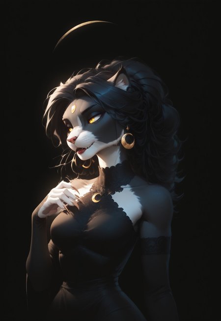 (Blend_in, black background), score_9, score_8_up, score_7_up, (high contrast, sidelightning, upper body), beautiful, 1girl, solo, Ember (ESO), Feline, Furry, Anthro, black and white fur, yellow eyes, crescent moon earrings, lace choker band, matte red lips, black evening dress, lace-trimmed elbow gloves, black clothes, bare shoulders, looking away, hand up, sharp nails