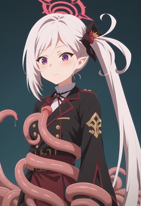 score 7 up, solo, source anime, 1girl, , <lora:mutsuki-asagi-s1-ponyxl-lora-nochekaiser:1>, mutsuki asagi, long hair, bangs, hair ornament, very long hair, purple eyes, flower, white hair, pointy ears, hair flower, side ponytail, halo, , <lora:tentacles_breast_grab:1> tentacles  ,  tentacle wrap around breasts,,
