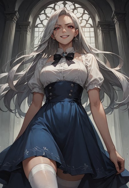score_9, score_8_up, score_7_up, score_6_up, score_5_up, score_4_up, source_anime, high res image, masterpiece, best quality, 1girl, <lora:Kazuki Dora V2:0.8> Kazuki, silver hair, long hair, red eyes, white shirt, blue dress, black bow, white sundress, white thighhighs, looking down, stud earrings, evil smile, <lora:disgusted_face_xl_goofy:0.8> disgust, <lora:StS_age_slider_v1_initial_release:2> <lora:Concept Art Twilight Style SDXL_LoRA_Pony Diffusion V6 XL:0.8> concept art,