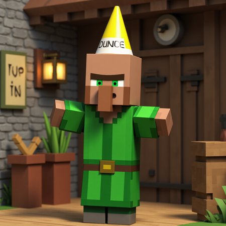 villager_mc, green robe. cone hat that reads dunce,
In the quiet corners of the Minecraft world, villagers live simple yet mysterious lives, their origins lost to ancient memory. Long before players ever arrived, these blocky folk built their scattered settlements from wood, stone, and faith in the old ways. Each villager, with their distinctive green eyes, broad noses, and solemn, blocky frames, carries on traditions passed down through countless seasons — farming, trading, and crafting the essentials of survival. They rarely speak, instead communicating through gestures and knowing looks, as if guarding ancient secrets about the world’s creation. Legends whisper that villagers were once great architects and scholars, who, after a forgotten cataclysm, chose a life of humble isolation. Their villages, cradled between mountains, forests, and plains, pulse quietly with life, protected by iron golems and bound by an unspoken pact with the land itself — to endure, to trade, and to remember.